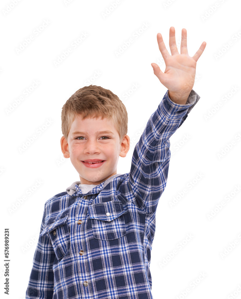 A happy child in casual clothes with raised hands in a studio, either asking, answering or high-fiving, isolated on a transparent PNG background. A happy child in casual clothes with raised hands in a studio, either asking, answering or high-fiving, isolated on a transparent PNG background.