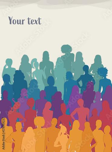 Multicultural women and girls. Portrait front view silhouette. Female social community of diverse culture. Equality. Colleagues. Empowerment or inclusion. Poster. Spectrum or Rainbow color