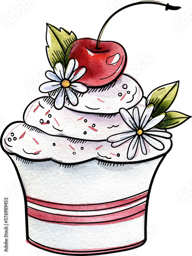Bright and juicy illustrations of cakes and desserts. Illustration is hand-painted in watercolors with black outlines for contrast and graphics.