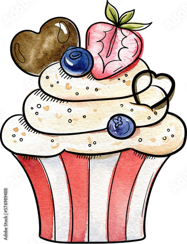 Bright and juicy illustrations of cakes and desserts. Illustration is hand-painted in watercolors with black outlines for contrast and graphics.