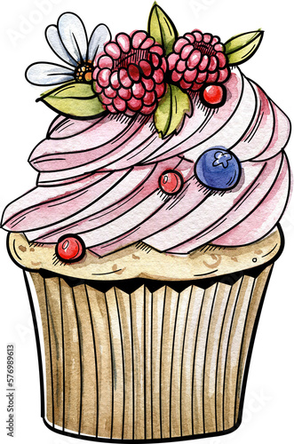 Bright and juicy illustrations of cakes and desserts. Illustration is hand-painted in watercolors with black outlines for contrast and graphics.