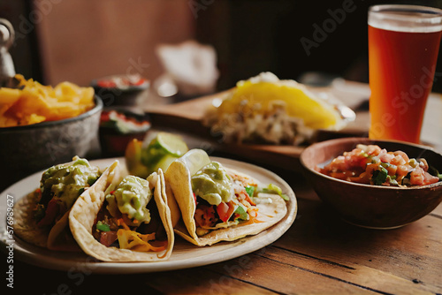 Plate of tacos with salsa and guacamole, set in a taquería on wooden rustic table. Cinco de Mayo, Mexican culture and heritage concept. Created with Generative AI. 