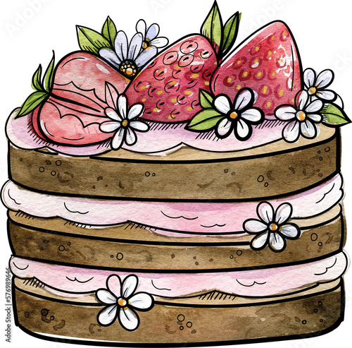 Bright and juicy illustrations of cakes and desserts. Illustration is hand-painted in watercolors with black outlines for contrast and graphics.