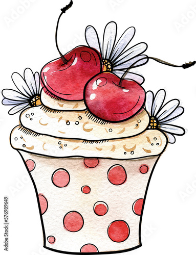 Bright and juicy illustrations of cakes and desserts. Illustration is hand-painted in watercolors with black outlines for contrast and graphics.