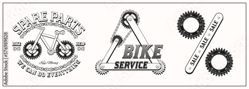 Set of monochrome labels for repair bicycle service in vintage steampunk style on a white background. Label made with gears, metal rails, rivets, bike chain. Vector illustration, t shirt design.
