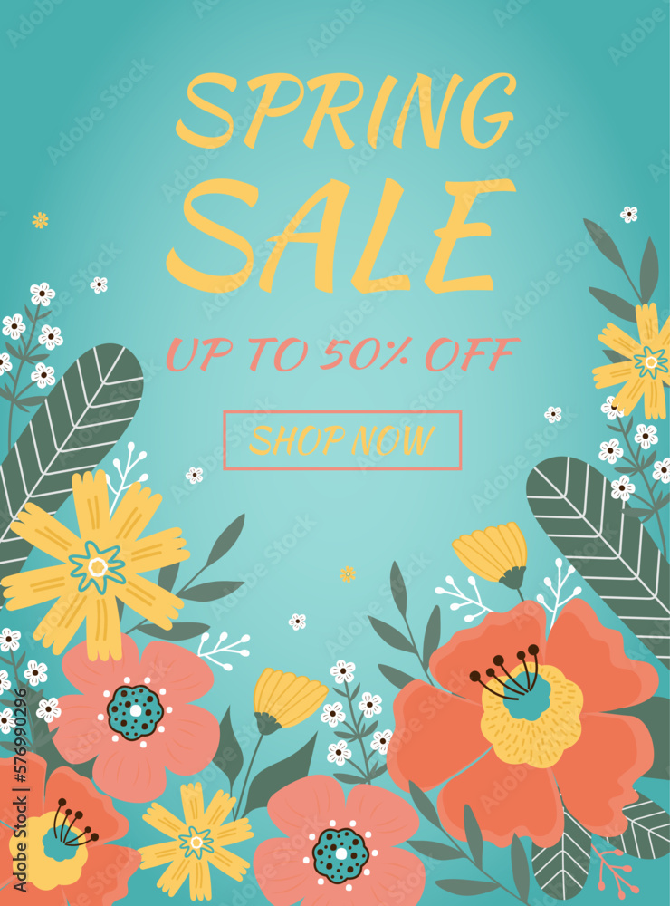Hello spring. Sale banner with spring flowers, leaves on blue background.