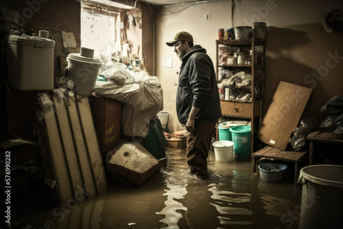 From Crisis to Restoration: The Journey of a man inside a Flooded Basement - AI Fototapet