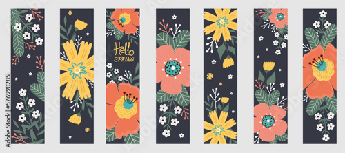 Set spring bookmarks. Hello spring. Spring flowers, leaves.