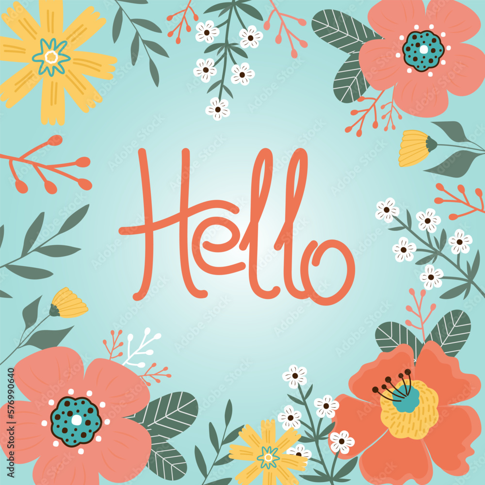 Hello spring. Hello summer. Fowers and leaves on blue background.