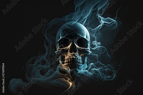 Photographie High contrast image of a spooky skull emerging from a plume of smoke
