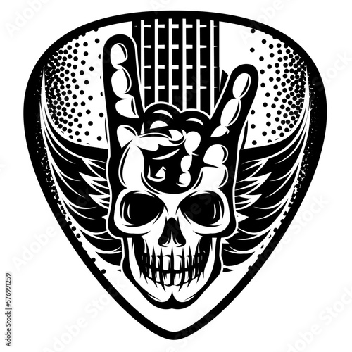 Stylized guitar plectrum. White background with guitar, skull, wings and hand gesture. Vector monochrome illustration