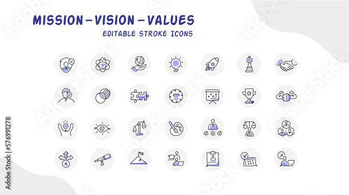 Mission, vision, and values. Business concepts. Vector line icons with editable stroke