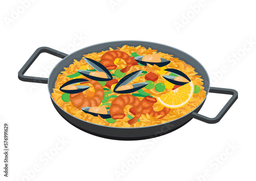 Traditional spanish paella dish vector illustration. Paella pan icon on white background. Rice with seafood and vegetables graphic design element. Spanish dish with mussels, prawns and rice drawing