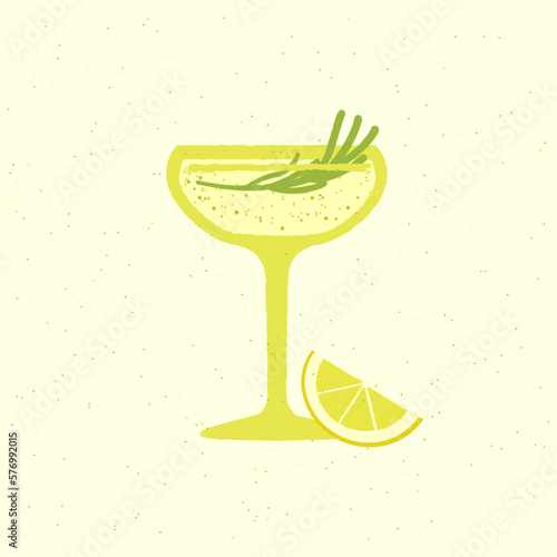 Margarita dessert glass. Cocktail drink with tarragon and lemon. Mojito alcohol drink for event and celebration. Daiquiri citrus drink for bar. Flat vector illustration with texture
