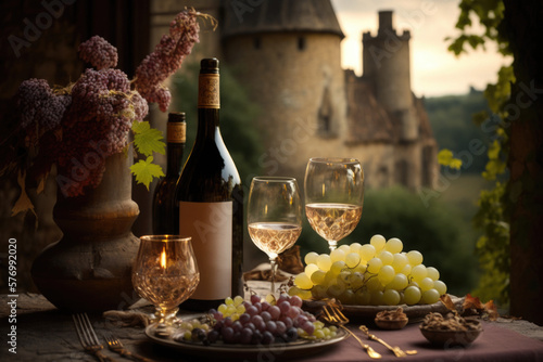 Table arrangement with cluster of grapes, a wine bottle, and a wine glass. backdrop of historic chateaux and rolling vineyards in the Loire Valley wine region of France, UNESCO World AI Generative photo