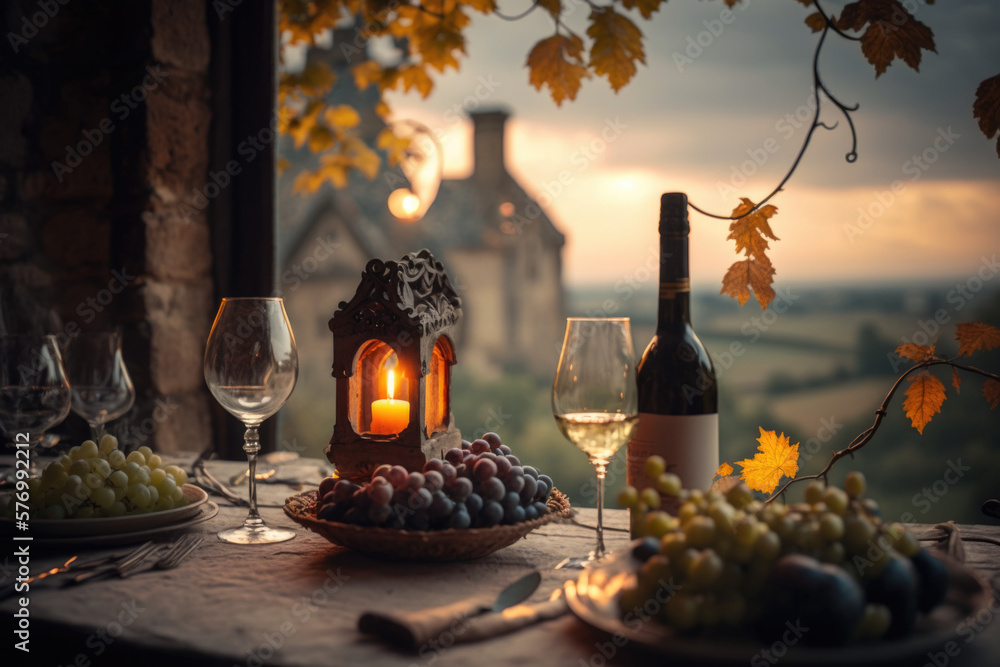 Table arrangement with cluster of grapes, a wine bottle, and a wine glass. backdrop of historic chateaux and rolling vineyards in the Loire Valley wine region of France, UNESCO World AI Generative Table arrangement with cluster of grapes, a wine bottle, and a wine glass. backdrop of historic chateaux and rolling vineyards in the Loire Valley wine region of France, UNESCO World AI Generative