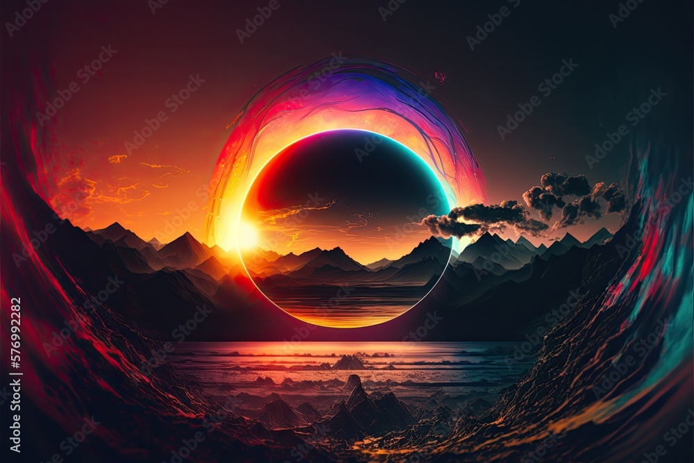 Total solar eclipse with multicolored glow on the background of the