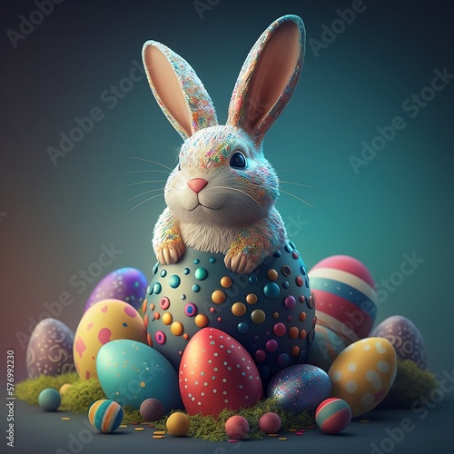 A bunny is surrounded by easter eggs and has a colorful pattern on its face.