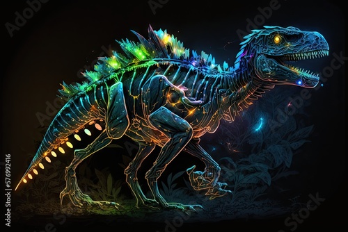 Blasting Through the Darkness  A Glowing Neon Dinosaur Generative AI