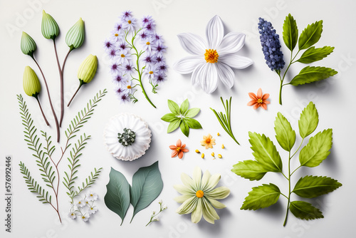 Assortiments de plantes et fleurs sur fond blanc - Générative iA © Concept Photo Studio
