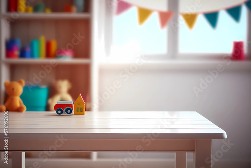 Empty table with blurred kids room. Product placement. Generative ai design.