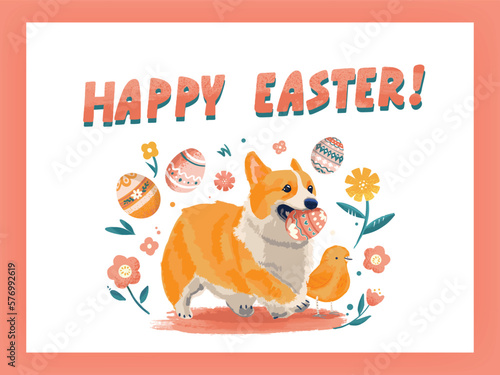 Red dog Corgi Pembroke carries an egg in its mouth. Easter greeting card in handwritten style. Happy easter template with pink, orange rustic floral eggs. Vector illustration