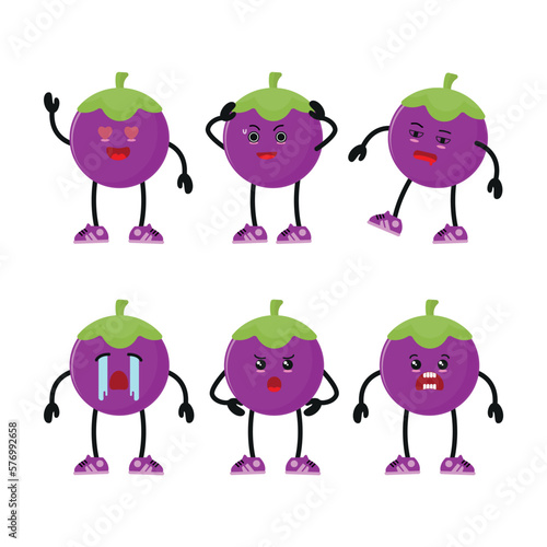 Cute happy mangosteen character different pose activity. funny Fruit different face expression vector illustration set.
