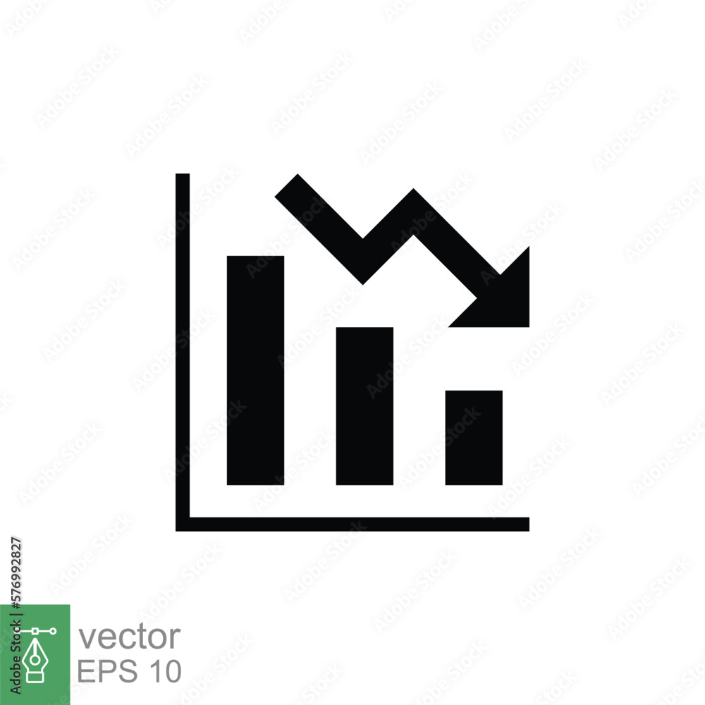 Graph down, reduce progress glyph icon. Simple solid style efficiency decrease graphic, finance chart, abstract graph, trend vector illustration. Arrow below, bankrupt. EPS 10. Graph down, reduce progress glyph icon. Simple solid style efficiency decrease graphic, finance chart, abstract graph, trend vector illustration. Arrow below, bankrupt. EPS 10.