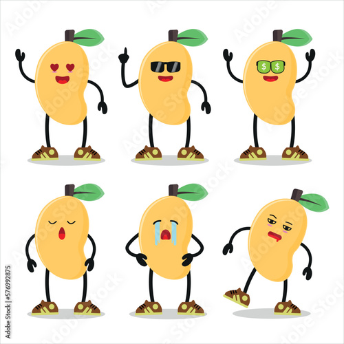 Cute happy mango wear sunglasses character different pose activity. Fruit different face expression vector illustration set.