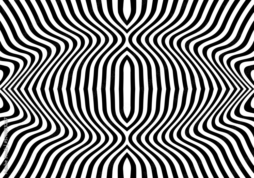 Abstract wavy line pattern. Seamless geometric background with curve or distorted lines. Black and white optical illusion. Vector illustration.