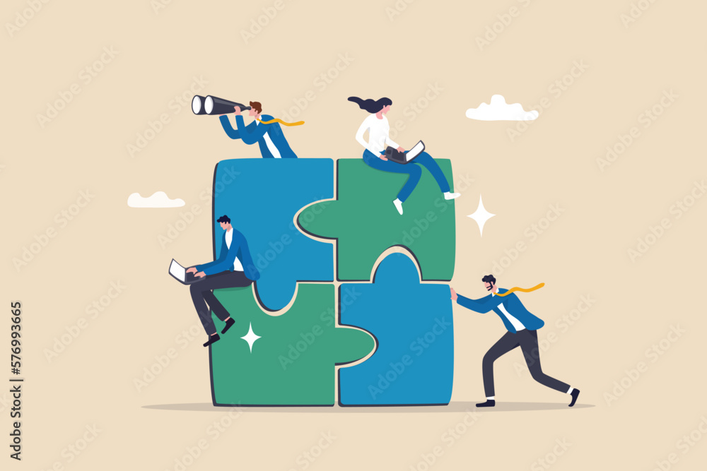 Project team collaboration, teamwork, partnership or coworker working together to solve problem and achieve success, cooperation concept, businessman woman colleague working together on jigsaw puzzle. - obrazy, fototapety, plakaty 