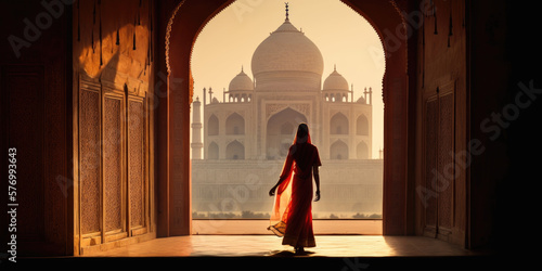 An Indian Scarlet Woman in Awe of Taj Mahal s Majesty AI Generative