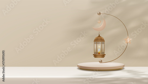 Ramadan Kareem lantern lamp,Crescent Moonon on Beige background display with shawdow leaves,Vector Eid al Adha Mubarak crad of Religion of Muslim Symbolic for Eid al fitr, Ramadan Kareem