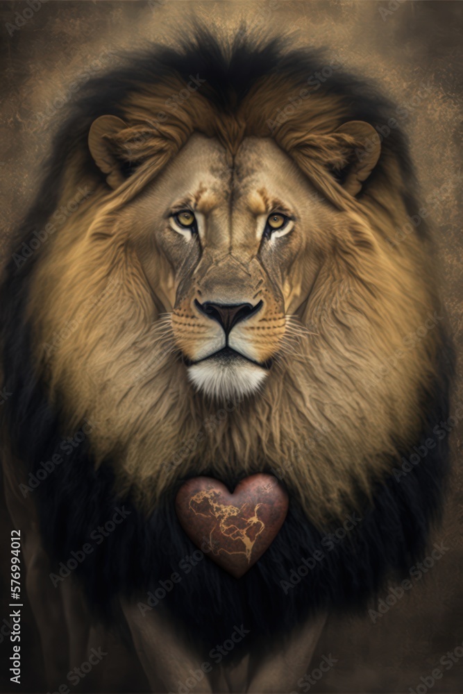portrait of a majestic lion, holding a heart - ai-generated