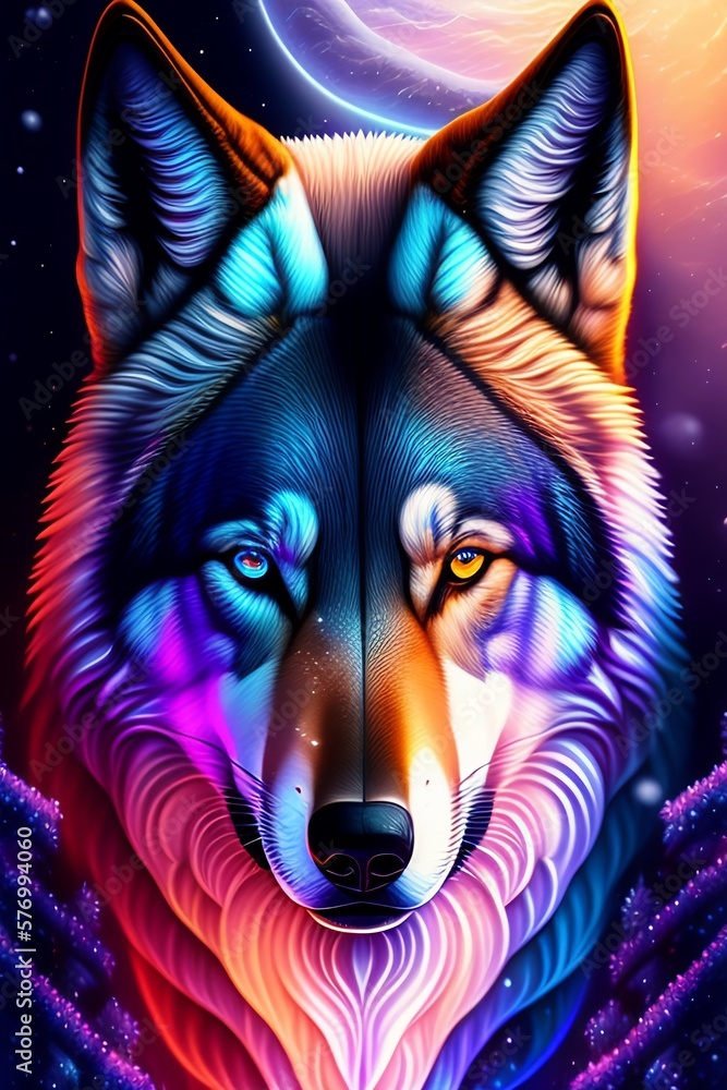 3D Wolf portrait in colorful background. 3D Illustration