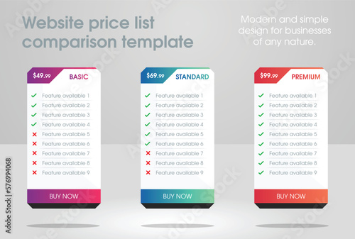 unique and modern website business plan template with three price list comparison tables with beautiful colors. Best for professional web design or other business related posters and menus.