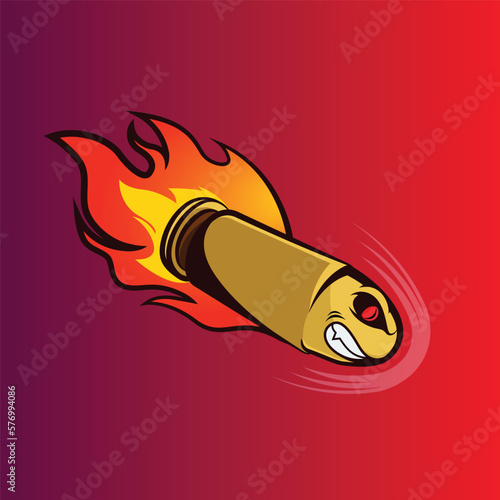 Flying golden bullet on fire mascot design for gamer and streamers. e sports style logo and can be used as a symbol or element in different gaming projects. Angry face gives it a character.