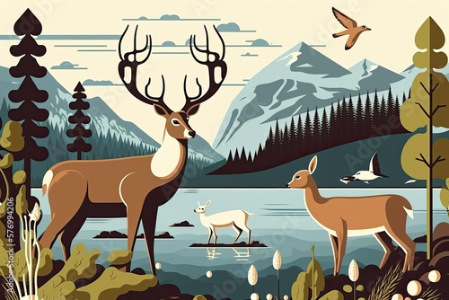 Illustrations of animals. Species native to the woods. Residents of the woods. River, trees, and mountains make up a picturesque landscape in a green valley. Protected area in the Arctic North. Baby d