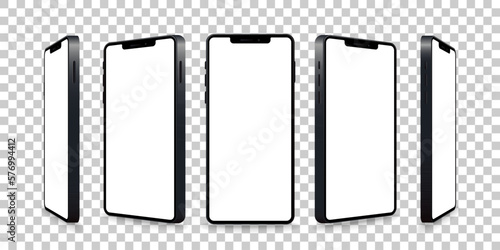 Smartphone mockup collection. Realistic models smartphone with white screen. Device front view. 3D mobile phone with shadow. Vector illustration isolated on transparent background. EPS 10
