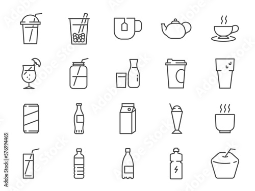 Drink and beverage icon set. It included icons such as water, soda, tea, coffee, juice, mineral water, and more.