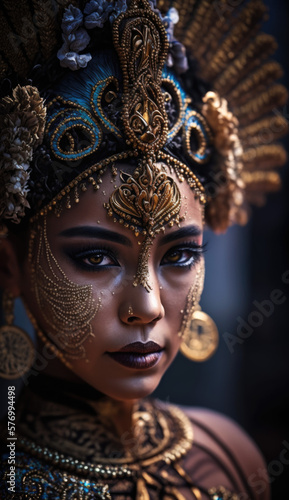 Balinese Dance Artistry. Portrait of Balinese dancer's face with intricate makeup. Cultural concept. AI Generative