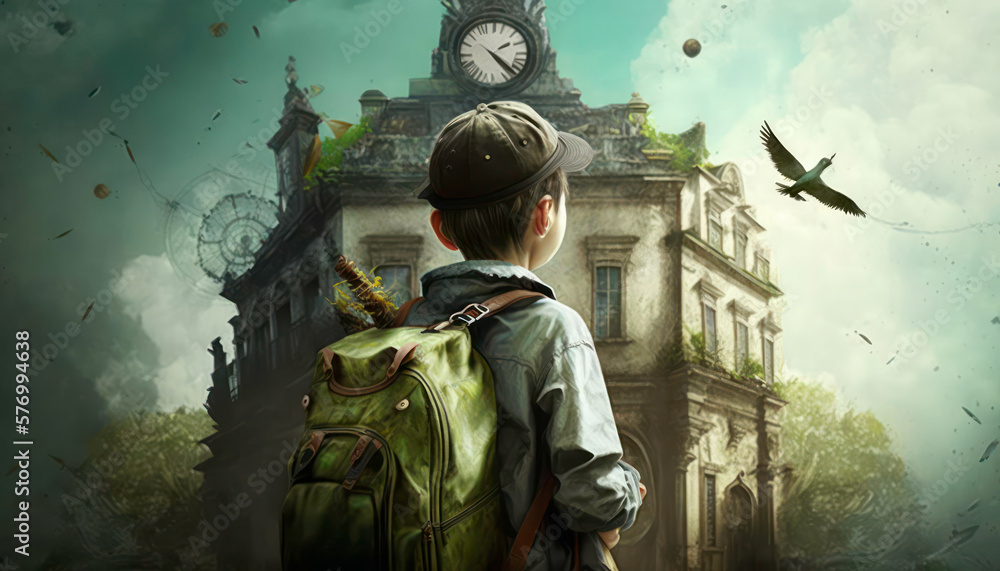 Fototapeta premium child in the city. Wanderlust. Generative AI