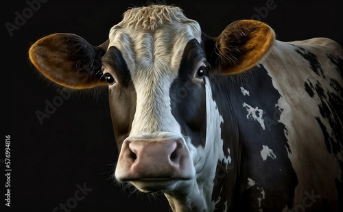 Portrait of a cow. Generative AI technology.
