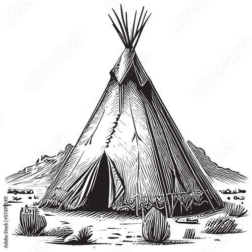 Tepee house indians sketch hand drawn illustration