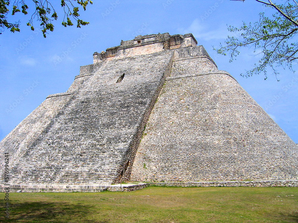 the Pyramid of the Diviner at the site of the ancient Mayan city of Uxmal, Yucatan, Mexico. it is an unusual pyramid-shaped temple: the levels of the pyramid are oval rather than rectangular or square