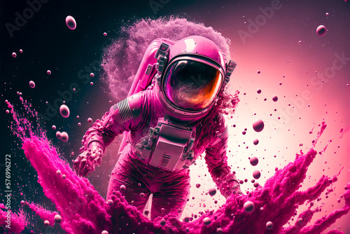 Woman in a pink astronaut suit in space in the middle of an explosion of pink particles. Generative AI