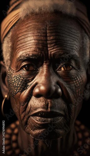Revered Tribal Tradition. African tribal elder s face adorned with traditional elements. Indigenous culture concept. AI Generative