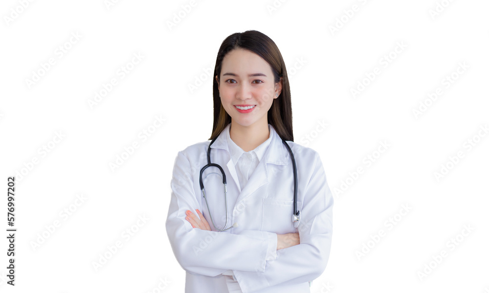 Professional Asian woman doctor wearing a white robe and stethoscope Standing with arms crossed happy and smile at the examination room in the hospital. Professional Asian woman doctor wearing a white robe and stethoscope Standing with arms crossed happy and smile at the examination room in the hospital.