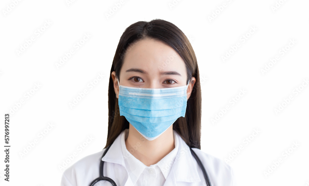 Professional Asian young woman doctor wear a Surgical mask to protect coronavirus and germs. Banner panorama medical staff preventive gear isolated on white background.. Professional Asian young woman doctor wear a Surgical mask to protect coronavirus and germs. Banner panorama medical staff preventive gear isolated on white background..