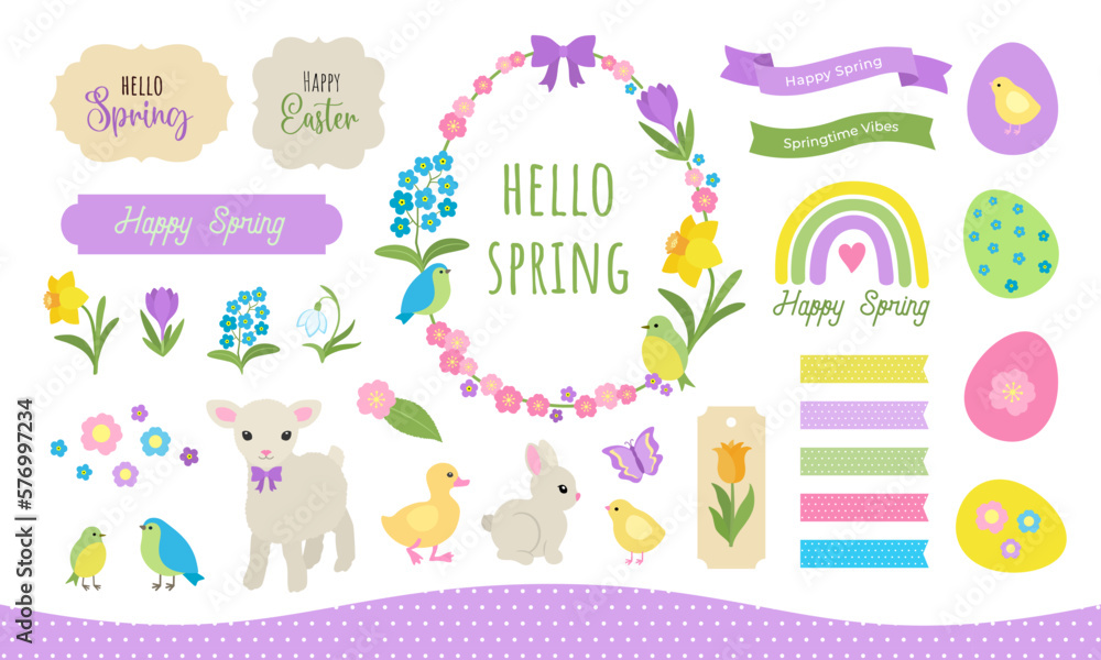 Spring clipart set. Cute springtime icons with eggs, animals, birds, flowers, leaves. Banner label tag design elements with text. Easter flat design graphics collection. Cottagecore theme. Spring clipart set. Cute springtime icons with eggs, animals, birds, flowers, leaves. Banner label tag design elements with text. Easter flat design graphics collection. Cottagecore theme.